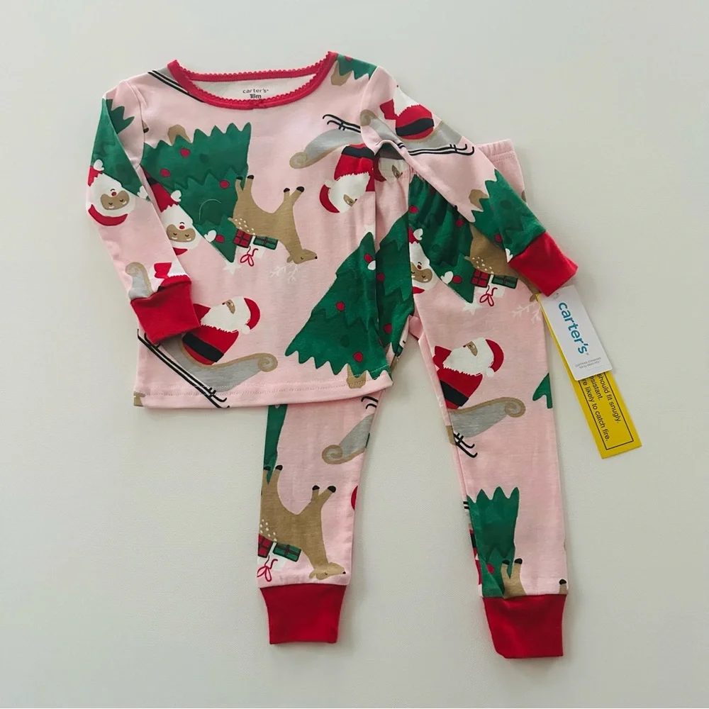 Carter’s 12 18 24 Months 3T Baby Toddler Pink Holiday Christmas Pajama Set Santa